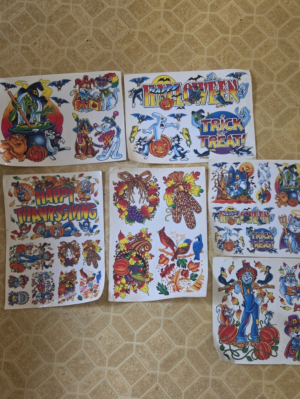 Vintage Halloween Thanksgiving Window Clings Ghost Witch Cat Pumpkin Lot Of 6 - Picture 1 of 12